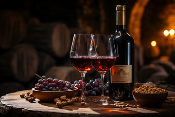 Glass and a bottle of wine on the background of barrels in the cellar, - obrazy, fototapety, plakaty