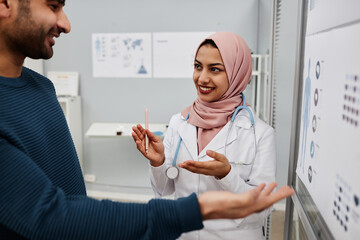 Medium of smiling Muslim young woman doctor in pink hijab talking to adult male patient showing...