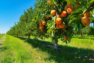 Orange orchards on a beautiful sunny day. Fields cultivated by rows of trees
