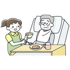 ベッドで食事をするシニア男性と介助する女性職員