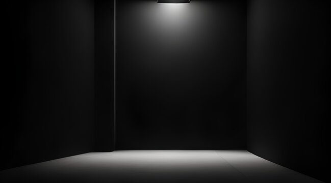 Empty Interior With Bright Spotlight Casting Dark Shadows. Empty Room And Black Wall Background. For Logo Mockup Or Product Display.