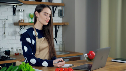 Beautiful serious woman housewife in apron listen chef teacher, study remote online video webcam...
