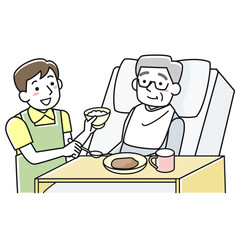 ベッドで食事をするシニア男性と介助する男性職員