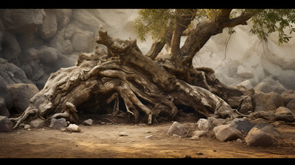 Isolated old olive tree trunk roots