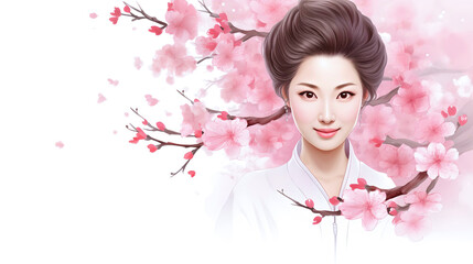 Obraz na płótnie Canvas Portrait of a smiling Chinese women surrounded by sakura with cherry blossoms, white background