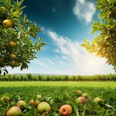 Clean background image. Apple trees and green farmland in a natural, fresh and lively style. Large spaces and empty areas. Natural frame. Blank space for lettering