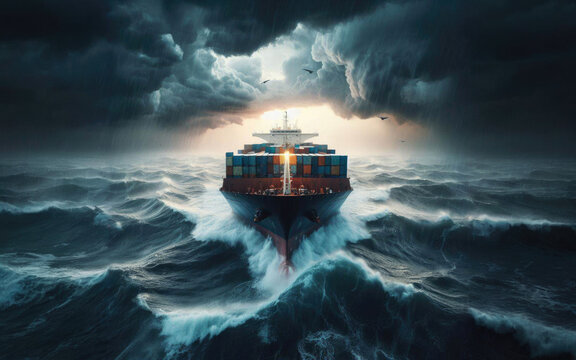 Container Cargo ship in the ocean fighting storm