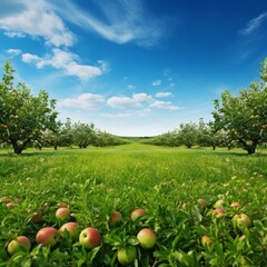 Clean background image. Apple trees and green farmland in a natural, fresh and lively style. Large spaces and empty areas. Natural frame. Blank space for lettering
