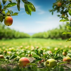 Clean background image. Apple trees and green farmland in a natural, fresh and lively style. Large spaces and empty areas. Natural frame. Blank space for lettering