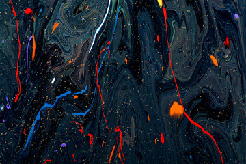 Luxury abstract fluid art painting in alcohol ink technique, mixture of white, blue and gold paints on black paper. Imitation of marble stone cut, glowing golden veins. Tender and dreamy design. - obrazy, fototapety, plakaty