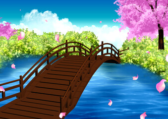 Fototapeta na wymiar 風景　池にかかった木の橋