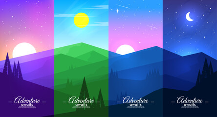 Mountains landscape in different parts of daytime. Sky with stars, moon, sun. Morning, noon, sunset and night. Hills with tree and mountains. 