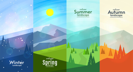 Vector illustration. Set of 4 season landscape illustration. Flat style landscape illustration. Winter, spring, summer, autumn vector landscape. Mountains with field, hills and forest. 
