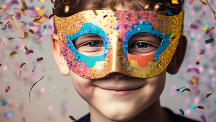 Um menino com máscara de carnaval e muito confete e serpentina caindo.