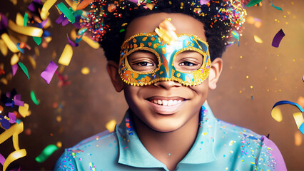 Um menino com máscara de carnaval e muito confete e serpentina caindo. - obrazy, fototapety, plakaty
