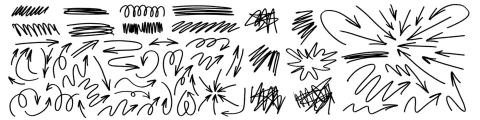Grunge charcoal scribble stripes, emphasis arrows, hand-drawn doodle bold shapes, paint brushstrokes, ink rough blobs. Chalk or marker doodle rouge freehand scratches. Vector illustration