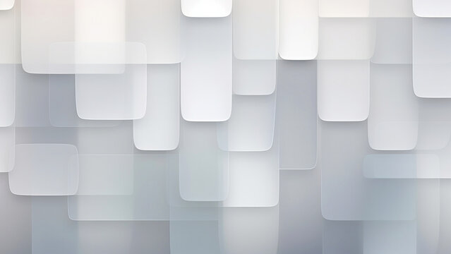 A modern abstract background design with overlapping rounded rectangles in a gradient of white silver and soft gray tones. Minimal geometric backdrop