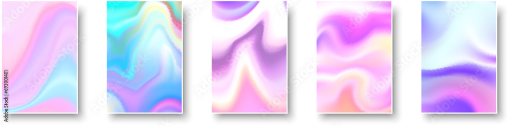Wall mural set of colorful hologram paper card. abstract holographic wavy gradient mesh color backgrounds.