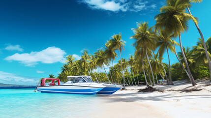 Palm trees and speed boat catamaran on the tropical beach