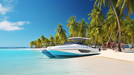 Palm trees and speed boat catamaran on the tropical beach