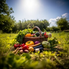 A basket full of vegetables and fruit in the middle of a green meadow in an orchard on a sunny day.