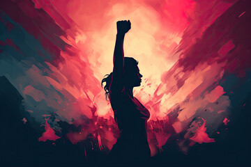 A female silhouette with a raised fist symbolizing empowerment and solidarity in the fight for gender equality, international women's day march 8 - obrazy, fototapety, plakaty