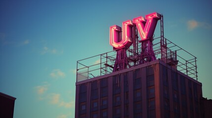 UV neon sign atop urban building
