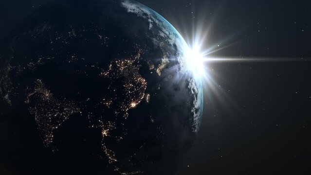View from space of a beautiful sunrise over Asia, the sun rises over the Asian continent. Night lights of cities, realistic view from earth orbit. Slow rotation. 4k footage