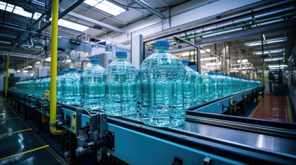 Drinking water plant factory cleaned clear drink water bottle no label in production line. - Powered by Adobe