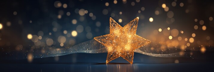 Glowing golden star on dark blue night background. Christmas golden light shed bokeh particles over a background - obrazy, fototapety, plakaty