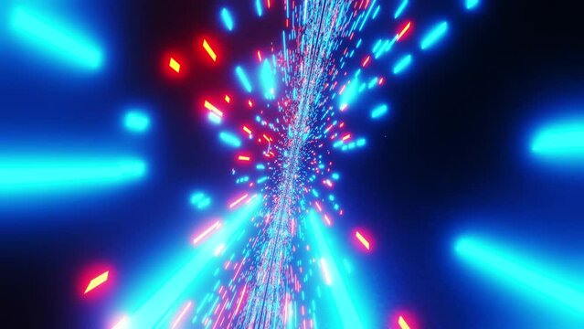 Flight with rotate into space to meet stars and luminous laser particles. VJ loop animation.