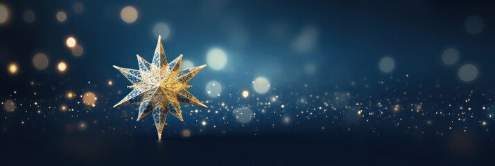 Abstract glowing golden star on dark blue night background. Christmas golden light shed bokeh particles over a background, new year 2024 banner - obrazy, fototapety, plakaty