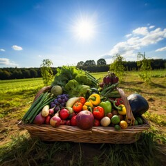 A basket full of vegetables and fruit in the middle of a green meadow in an orchard on a sunny day.