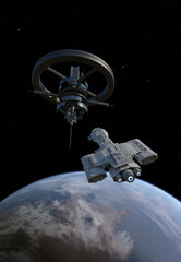 Space Station Habitat and Spaceship above a Blue Green Planet, 3d digitally rendered science fiction illustration