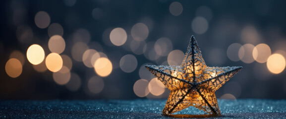 Abstract glowing golden star on dark blue night background. Christmas golden light shed bokeh particles over a background, new year banner - obrazy, fototapety, plakaty