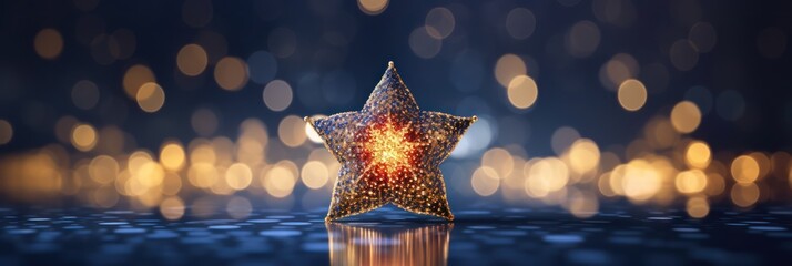 Abstract glowing golden star on dark blue night background. Christmas golden light shed bokeh particles over a background, 2024
