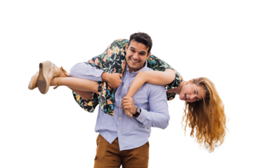 Joyful couple playing piggyback, laughing together against transparent background. Strong man lifts girlfriend up, funny lovers.