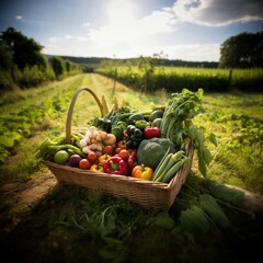 A basket full of vegetables and fruit in the middle of a green meadow in an orchard on a sunny day.