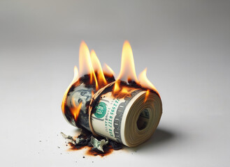 Burning money, collection of banknotes with flames isolated on a white background, finance concept for inflation, currency and investment risk, selected focus. - obrazy, fototapety, plakaty