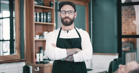 Barbershop man, arms crossed or serious barber for haircut services, grooming or hairdressing job experience. Hair care portrait, small business owner or hairdresser confident in startup beauty salon
