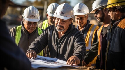Group of Latin American construction workers looking at blueprints at construction site,...
