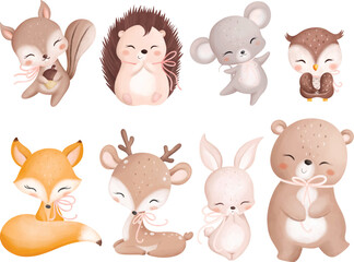 Watercolor Illustration Set of Woodland Animals wear Pink Ribbon in Their Neck
