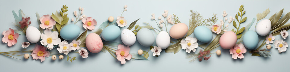 easter eggs on blue background - obrazy, fototapety, plakaty
