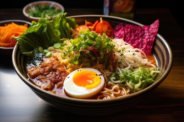 Wholesome and hearty bowl of ramen with perfectly cooked noodles, savory broth, and an array of fresh toppings, an iconic Japanese comfort dish
