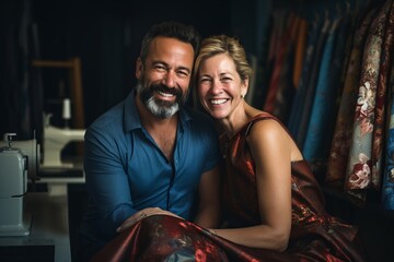 oyful couple surrounded by fabrics in a cozy sewing space