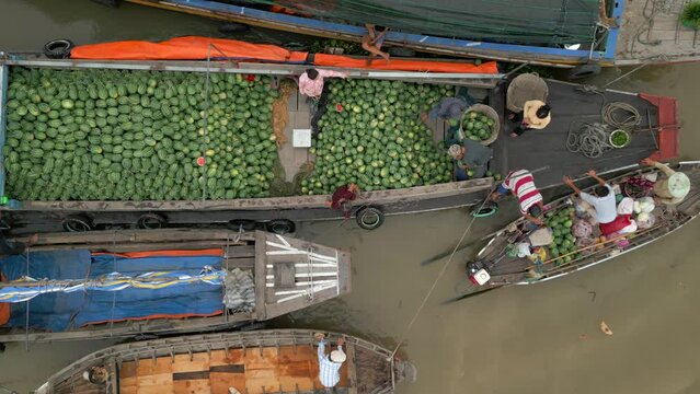 Boat full of watermelons at the Cai Rang Floating Market in the Mekong Delta, Vietnam.