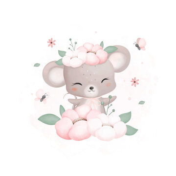 Watercolor Illustration Cute Mouse with Flowers and Butterflies