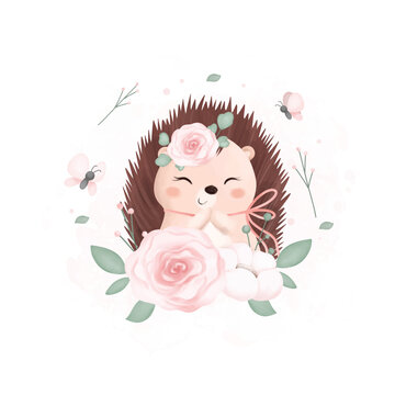 Watercolor Illustration Cute Hedgehog with Flowers and Butterflies