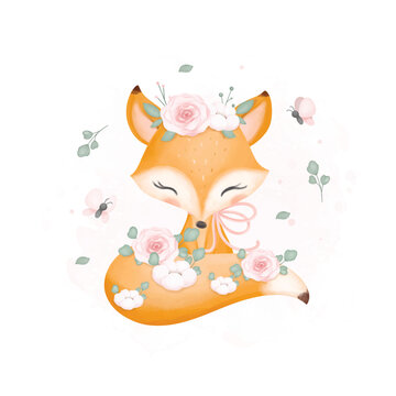 Watercolor Illustration Cute Fox with Flowers and Butterflies