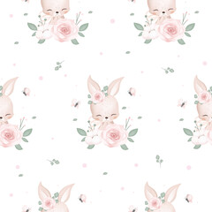 Seamless Pattern Cute Rabbit with Flowers and Butterflies